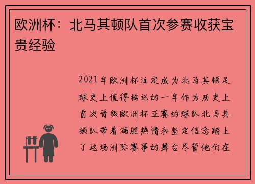 欧洲杯：北马其顿队首次参赛收获宝贵经验